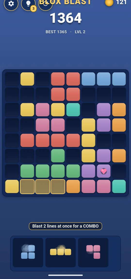 A late-game Blox Blast board at 1364 points with the piece tray below