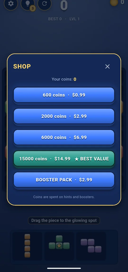 Blox Blast in-game shop with optional coin packs